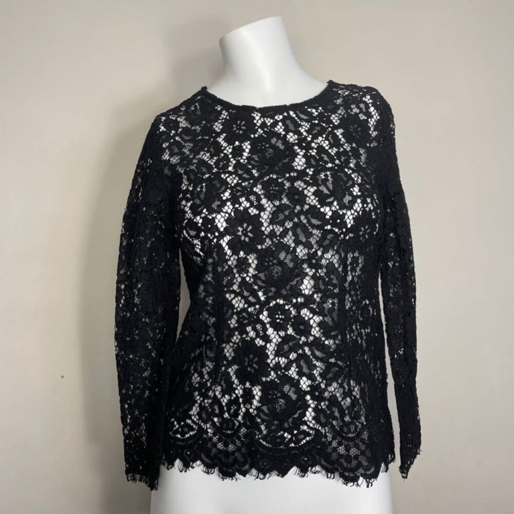 J.Crew Lace Top Womens 00P Petite Black Scalloped Sheer Floral Blouse Victorian